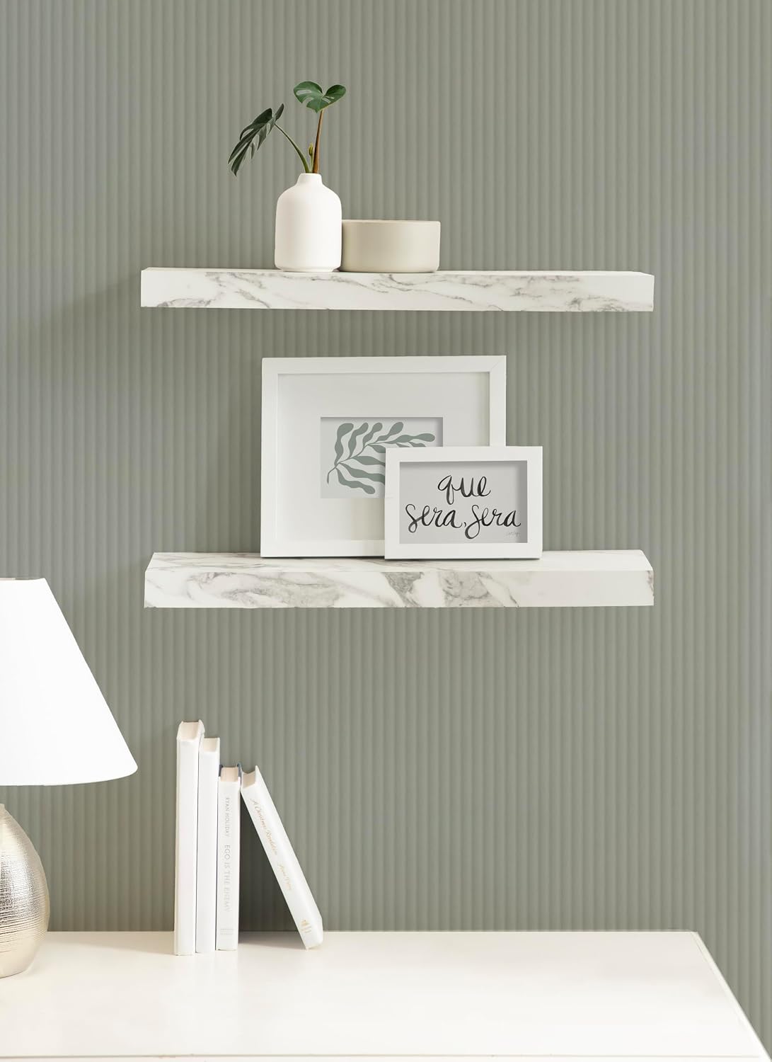 Kate and Laurel Havlock Modern Faux Marble Floating Shelves, Set of 2, 22 x 6, White, Transitional Functional Bathroom and Kitchen Shelves for Storage and Display
