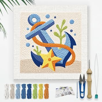 DOODLREAM Nautical Anchor Iron Punch Needle Kit for Beginner, 9.4"x9.4" Boat Anchor Punch Stitching Craft Set, DIY Embroidery Starter with Printed Frame, Instruction, Threader, Yarn, Pinch Needle