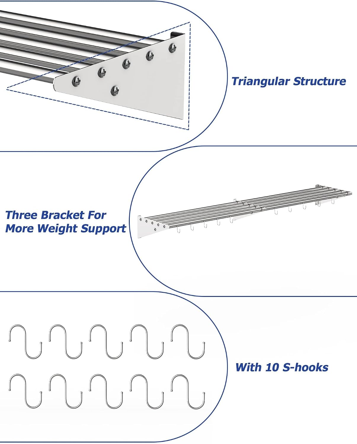 Stainless Steel Shelf Wall Mounted, NSF Commercial Wall Shelf, Floating Shelving for Kitchen, Restaurant, Home, Hotel, 60 x 12 Inches Pipe Surface with 10 Hooks