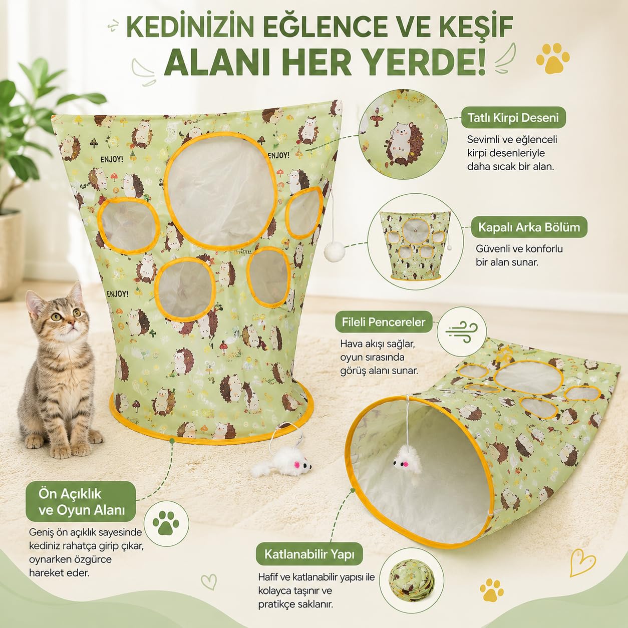 SOGUD Hışırtılı Kedi Oyun Tüneli Tavşan - Katlanabilir Pati Pencereli Aktivite Çadırı - Fare Oyuncaklı Sesli Tasarım - Yavru ve Yetişkin Kediler İçin Ev İçi Saklanma ve Eğlence Alanı