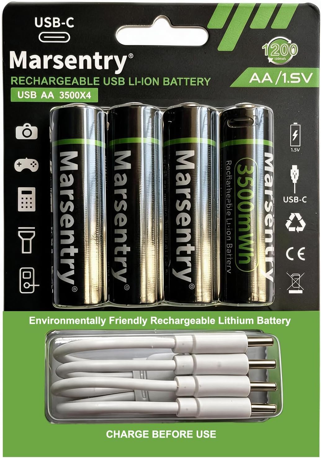 USB-C Rechargeable AA Lithium Batteries 4 Pack