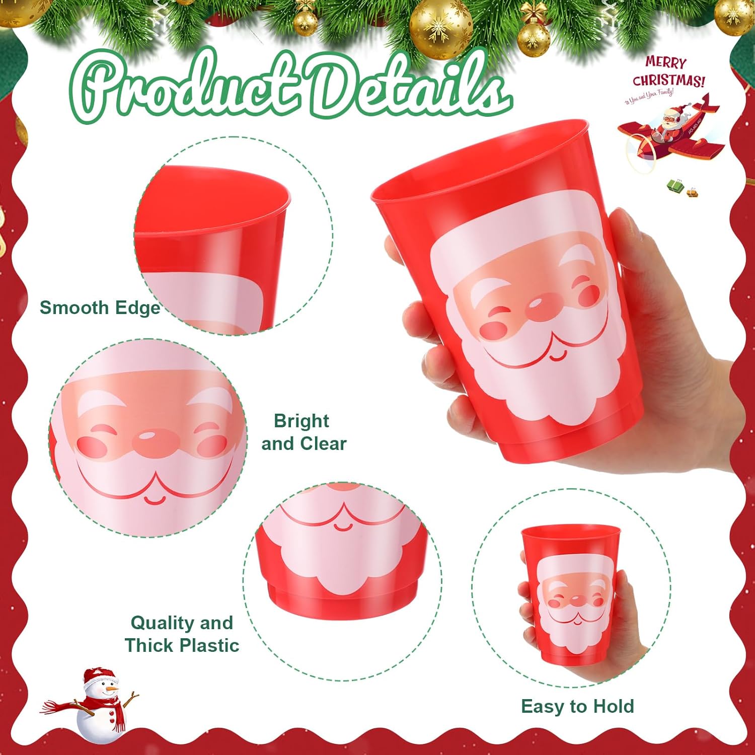 Sieral 24 Pcs Christmas Plastic Tumblers 16 oz Reusable Santa's Belt Drink Cups - Santa Gingerbread Elf Snowman Face Beverage Cups for Beer Coffee Tea Xmas Holiday Party Supplies