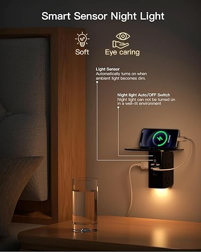 Miniatura 3 de Extensor de toma de pared con estante y luz nocturna, protector de sobretensiones, cargador de pared USB con 5 salidas USB y 3 puertos USB, 1 salida