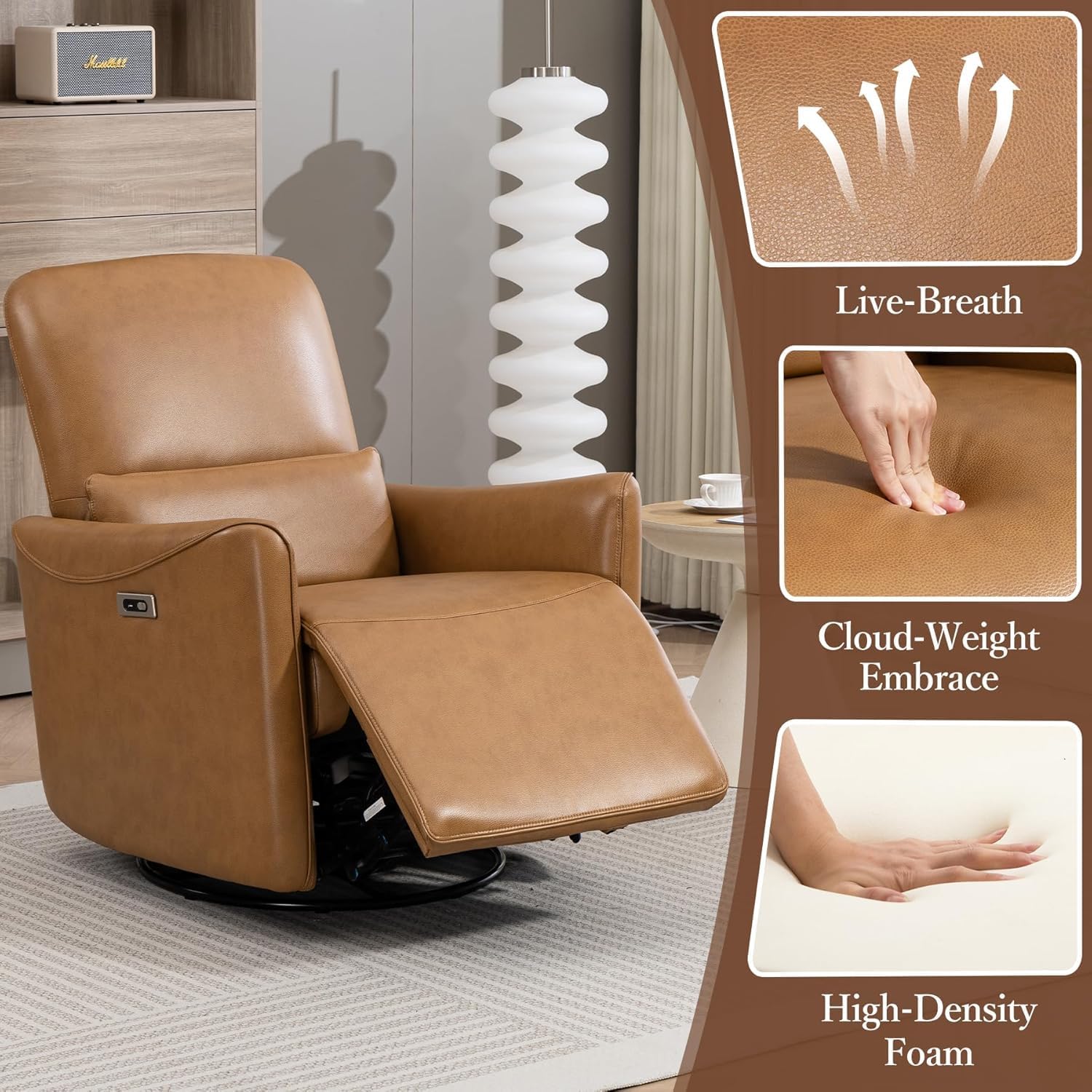 Power Swivel Recliner Chair, Faux Leather Glider Electric Rocking Chair for Adults. Nursery Rocker Single Sofa Chair with Lumbar Support for Living Room. Dual-port Charging: Type-C&USB, Brown