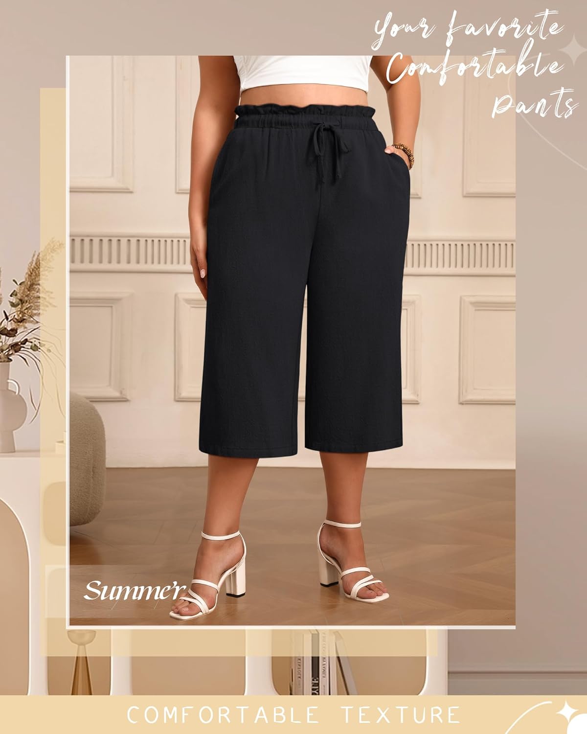 Evervibe 2 Pack Linen Capri Pants for Women L - 5XL Plus Size High Waist Drawstring Pockets Casual Cropped Trousers