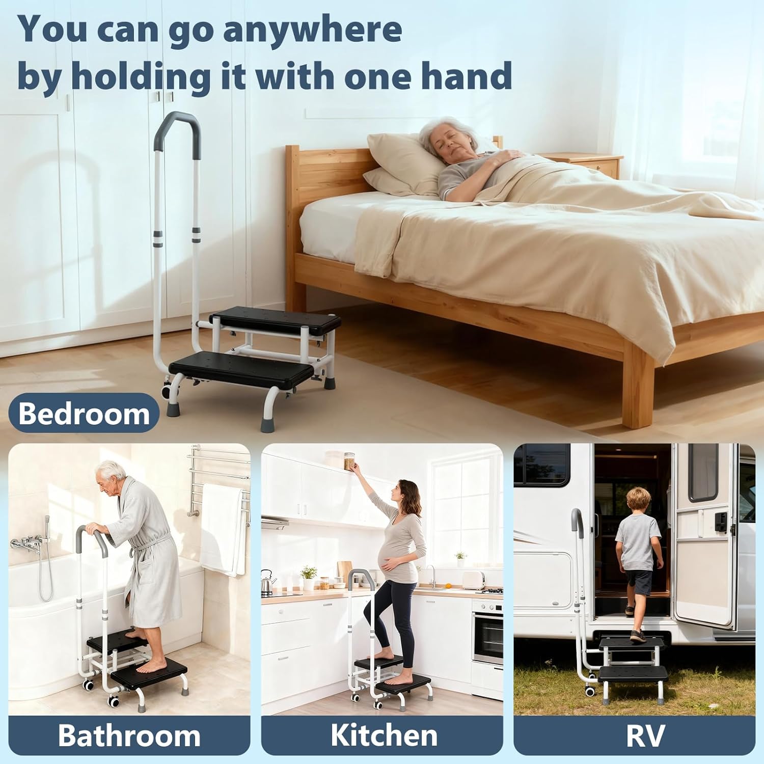2 Step Stool with Handle for Elderly, 400lb Capacity, Features 5-Position Handrail & 360° Rolling Wheels as a Stable Bed Step Stool for Safe Access to High Beds, Bathtub, Kitchen, RV