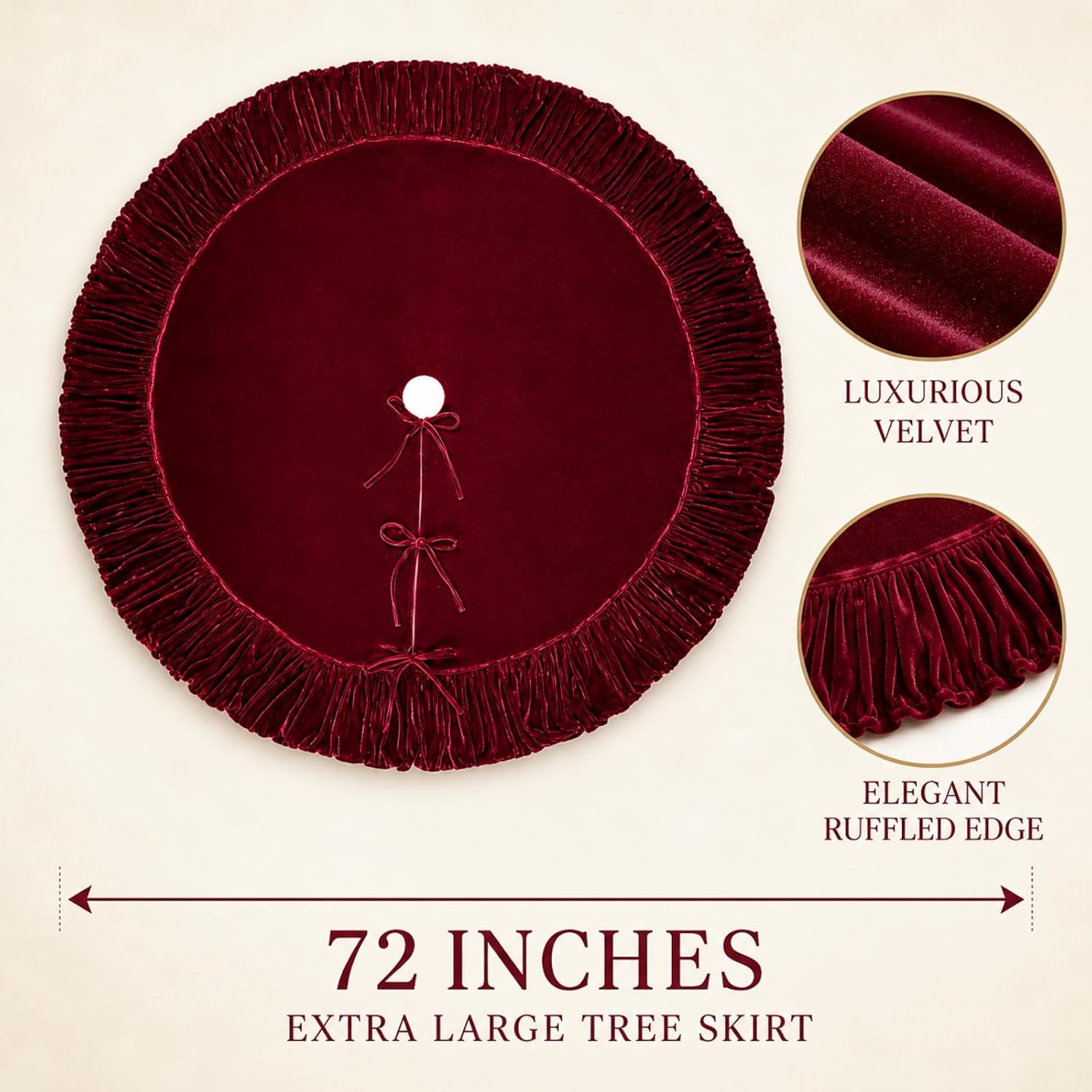 72 Inch Velvet Christmas Vintage Tree Skirt, Burgundy image 2