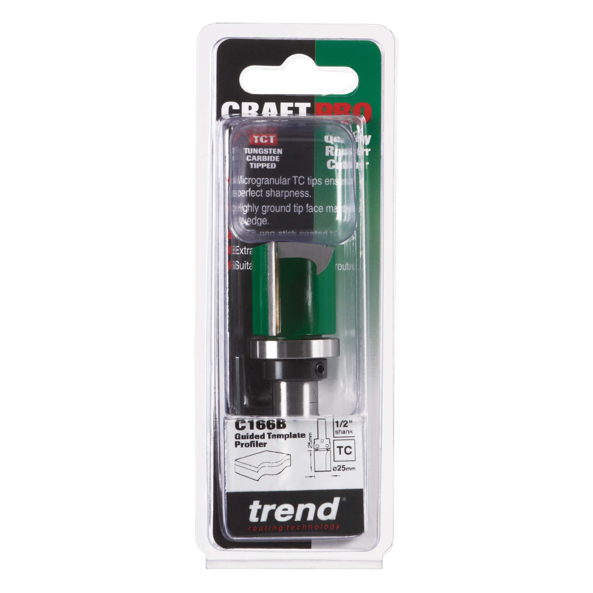Trend CraftPro frez profilowy z prowadzeniem do frezarki górnowrzecionowej, trzpień 1/2 cala, średnica cięcia 25 mm i długość cięcia 25 mm, węglik spiekany (TCT), C166BX1/2TC