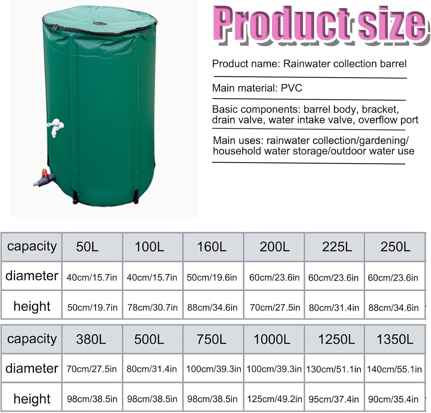Rain Barrels，Collapsible Rain Barrel, Efficient Rainwater Collection System，Outdoor Water Storage Tank, Portable Rainwater Collection Container，for Garden Outside Lawn(Black,160L)
