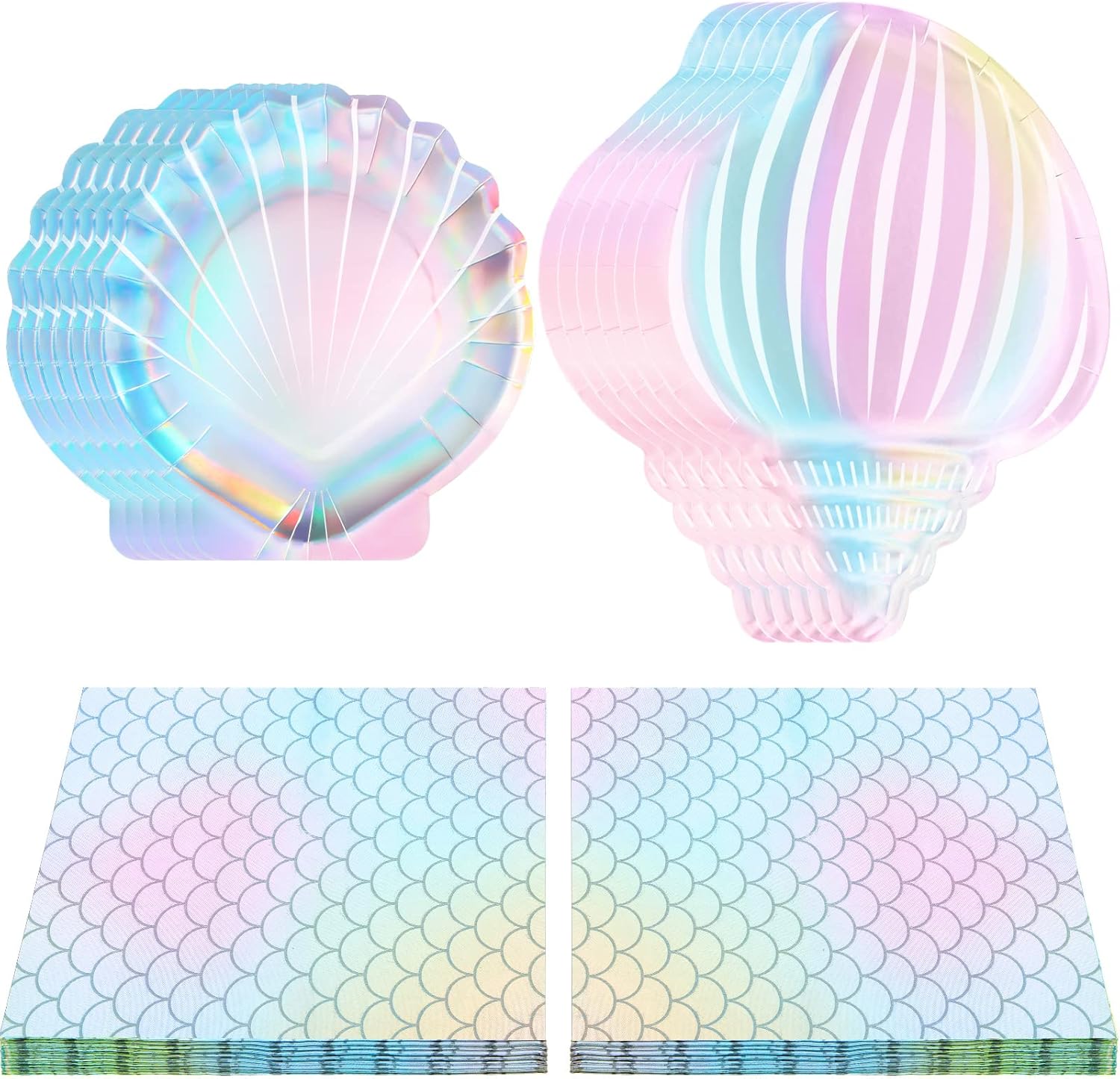 Cunhill 96 Pcs Mermaid Plates and Napkins for 24 Guests, 7 Inch 9 Inch Seashell Plates Iridescent Mermaid Party Supplies for Birthday Ocean Under The Sea Baby Shower Decoration (Laser Pink)