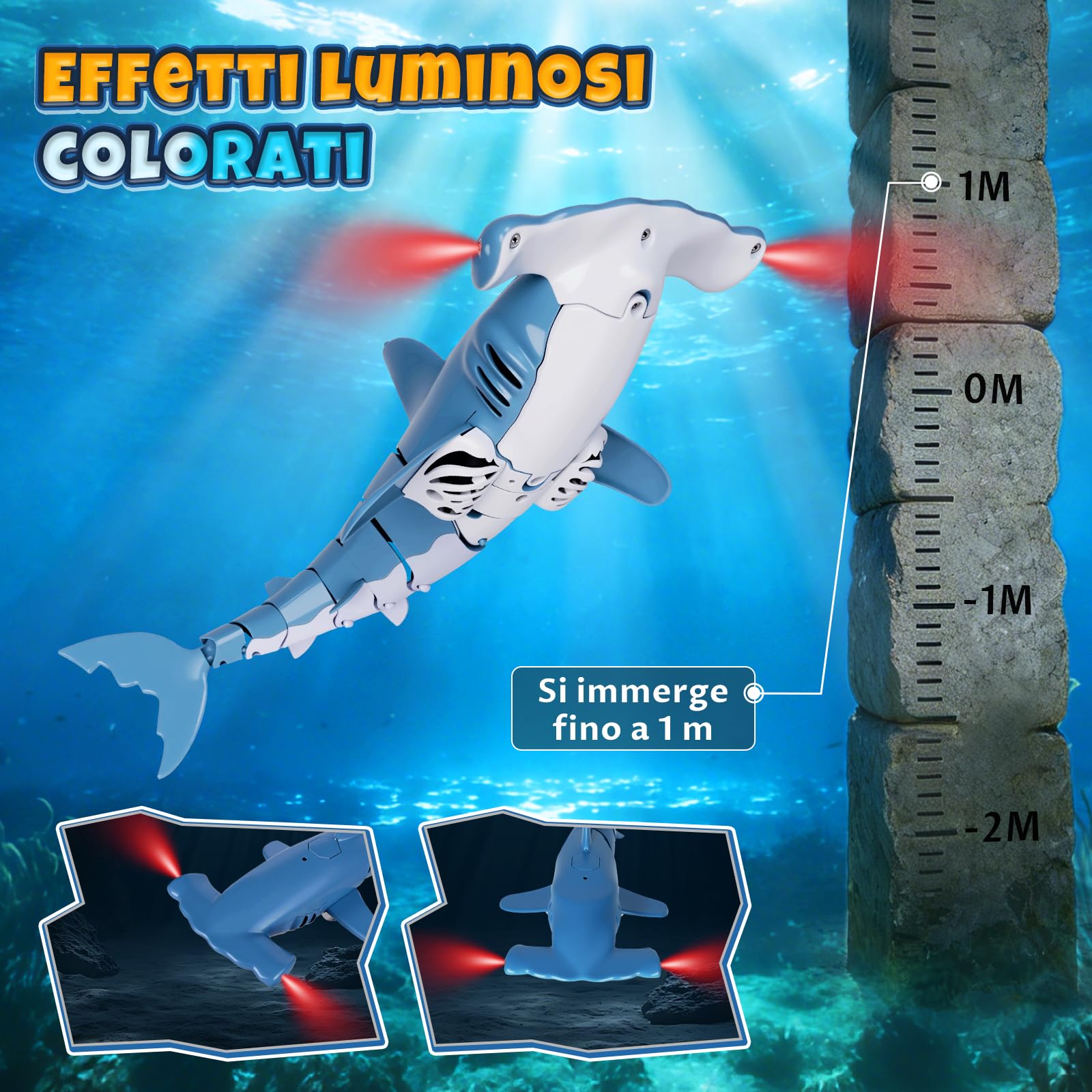 Squalo Telecomandato con Funzione di Immersione, 2.4GHz RC Squalo con Luci LED, Giocattolo Squalo Subacqueo per Piscina e Vasca da Bagno, Regalo per Bambini 6+ Anni Ragazzo Ragazza (Blu)