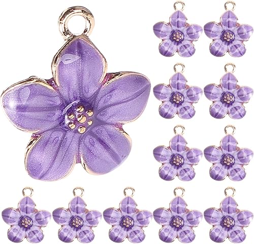 TEHAUX 50 dijes de flores de cerezo, pequeños dijes de esmalte de flores moradas para hacer joyas, joyas de flor de cerezo para manualidades,