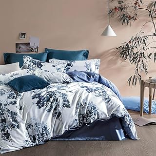 MILDLY 100% Long Staple Cotton Duvet Cover Set Navy Blue Leaves Printed Comforter Cover Set Watercolor Plant Floral Bed Linen Set King Size
