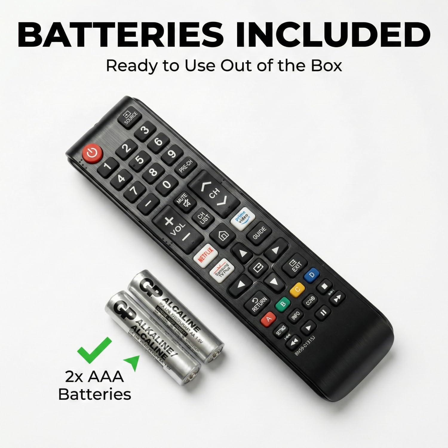 BN59-01315J - Mando a distancia de repuesto para Samsung Smart TV, no requiere configuración, con teclas de acceso rápido para Netflix para Prime Video para Samsung Plus TV y 2 pilas AAA incluidas