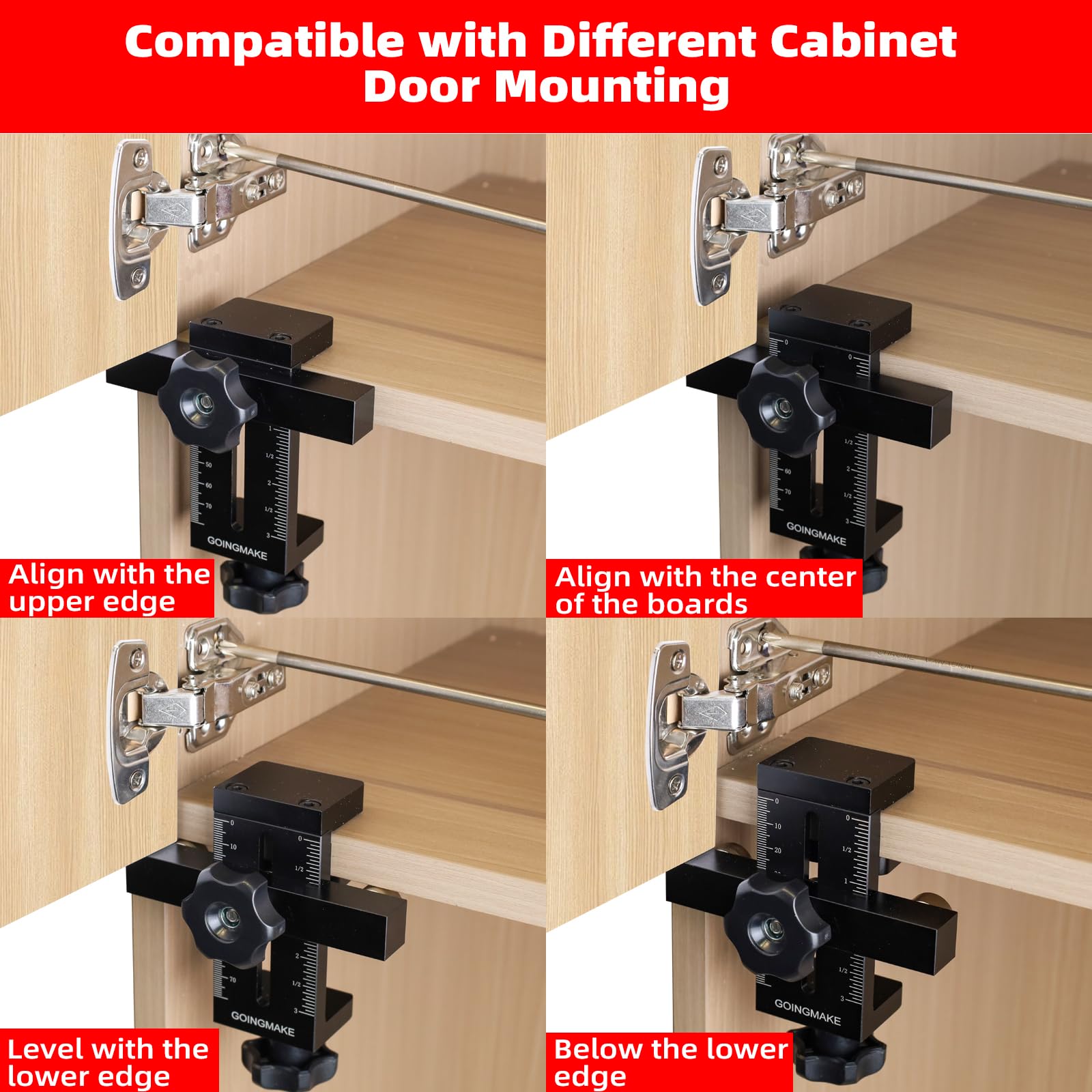 GOINGMAKE Plantilla de montaje para puerta de gabinete, posicionador de instalación con soporte de borde extraíble rápido, herramienta de posicionamiento de puerta de gabinete ajustable para instalar