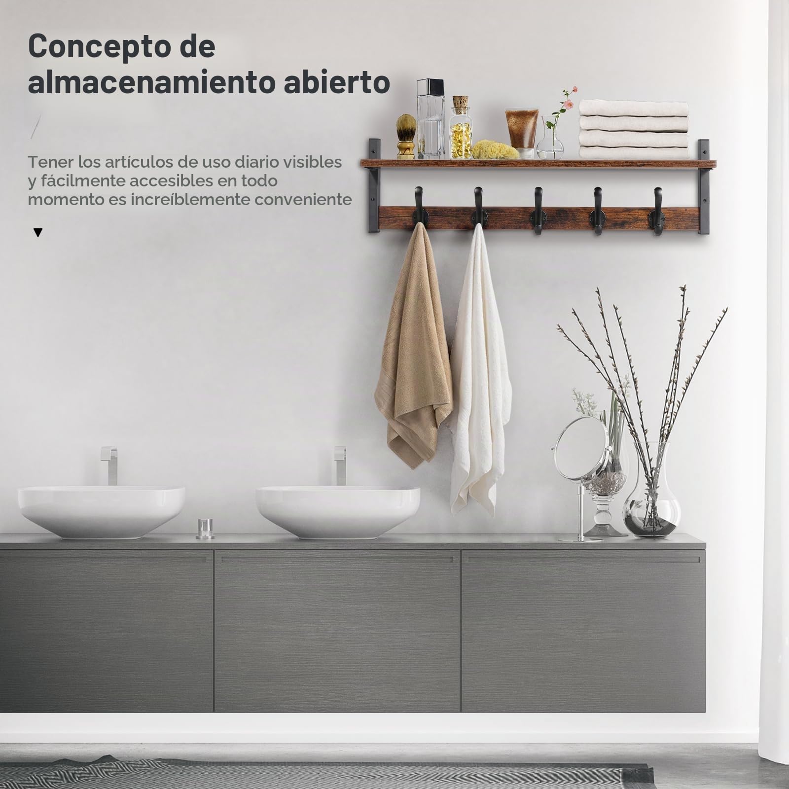 Tatub Perchero de pared de 29 pulgadas con estante, ganchos de pared con estante, estante flotante de entrada con 5 ganchos de metal, perchas para entrada, sala de estar, dormitorio, marrón rústico