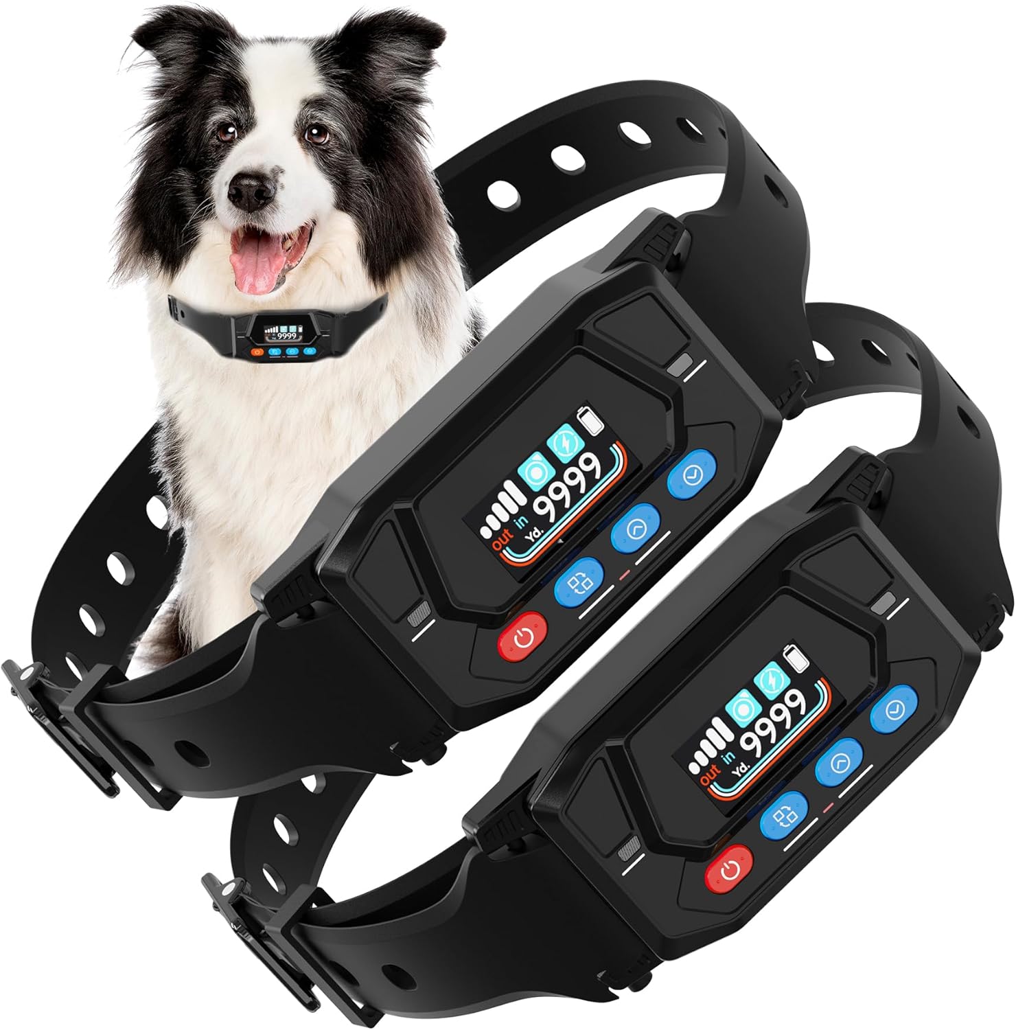 Two PATPET GPS Wireless Dog Fence Collars with a dog in the background