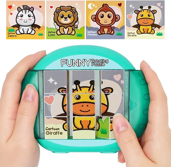 Fullware Rotating Puzzle for Kids 3 4 5 6 7 8 Year Old, 4 Puzzles in 1, Toddlers Travel, Car, Airplane, Road Trip Activities, Fine Motor Skills, Fidget, Gift for Boys & Girls Ages 3+(Animals