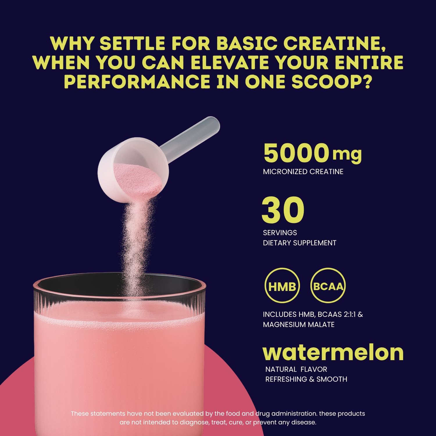 Creatine Monohydrate 5g with BCAAs –Support Muscles, Cellular Energy and Cognitive Function* – Watermelon Micronized Powder – 30 Servings Keto Friendly - Gluten-Free