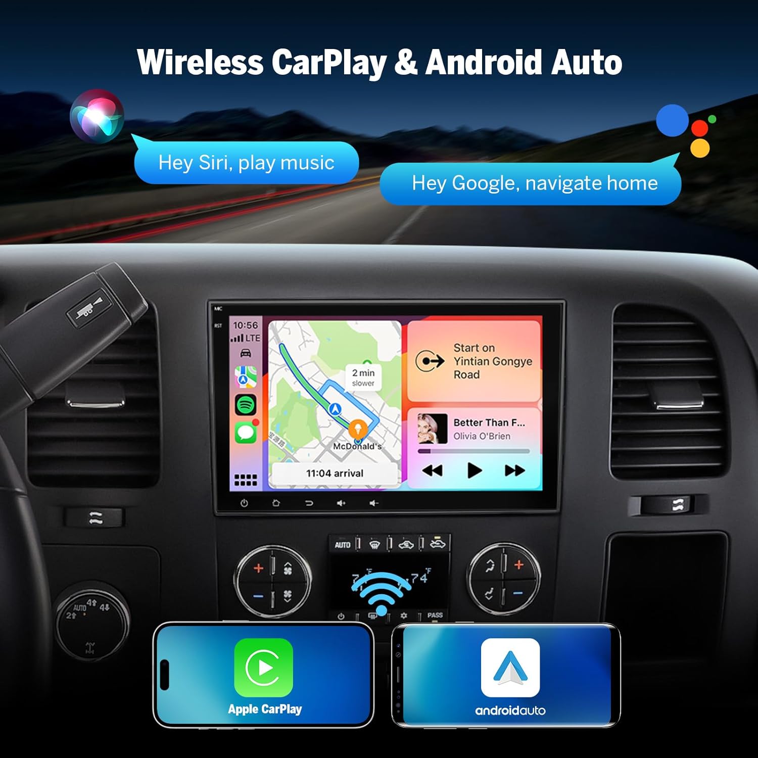 Image showing the car stereo display with Wireless CarPlay and Android Auto interfaces, demonstrating voice commands.