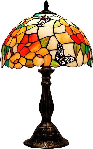 WERFACTORY Tiffany - Lámpara de mesa para mesita de noche, lámpara de vitral rosa, estilo mariposa, luz de escritorio de lectura, 12 x 12 x 18