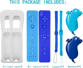 Goldtree Wii Remote Controller 2 PACK,With Nunchuck Compatible with Wii U Console (Light blue and Navy blue)