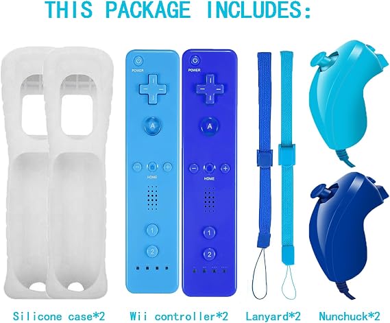 Goldtree Wii Remote Controller 2 PACK,With Nunchuck Compatible with Wii U Console (Light blue and Navy blue)