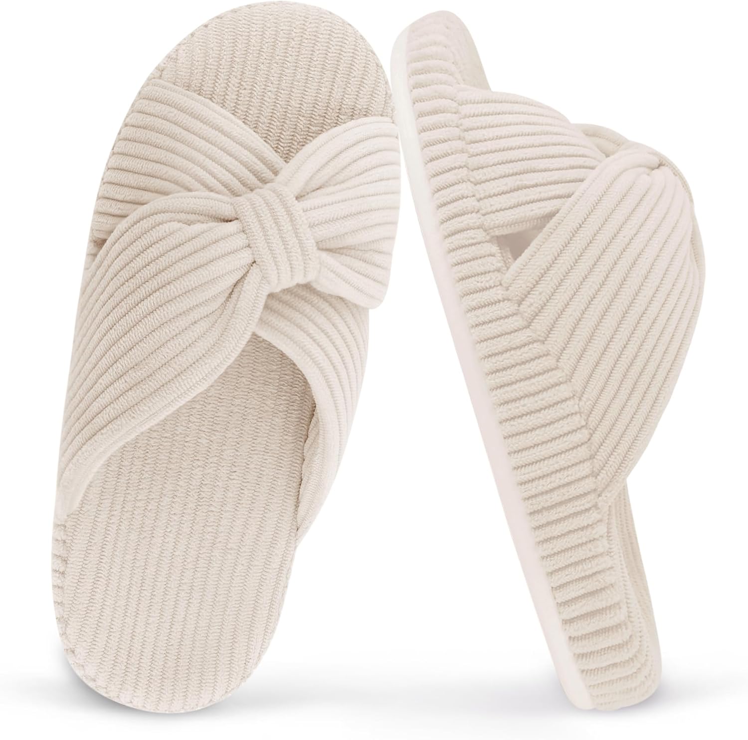 MAJOALLURE Women's Arch Support Slippers for Plantar Fasciitis Orthopedic Corduroy Crossband Memory Foam House Shoes Open Toe Bow Slide for Gift