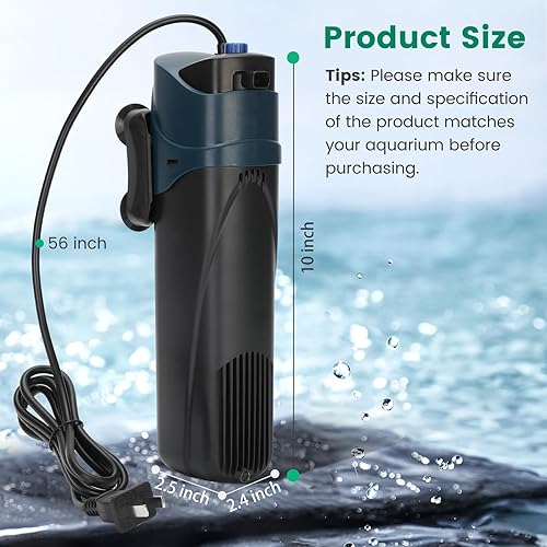 Miniatura 6 de Filtro de acuario U-V para 20-75 galones, filtro de pescado de 200 GPH con agua verde claro doble U-V de 5 W y algas sumergible potente bomba de