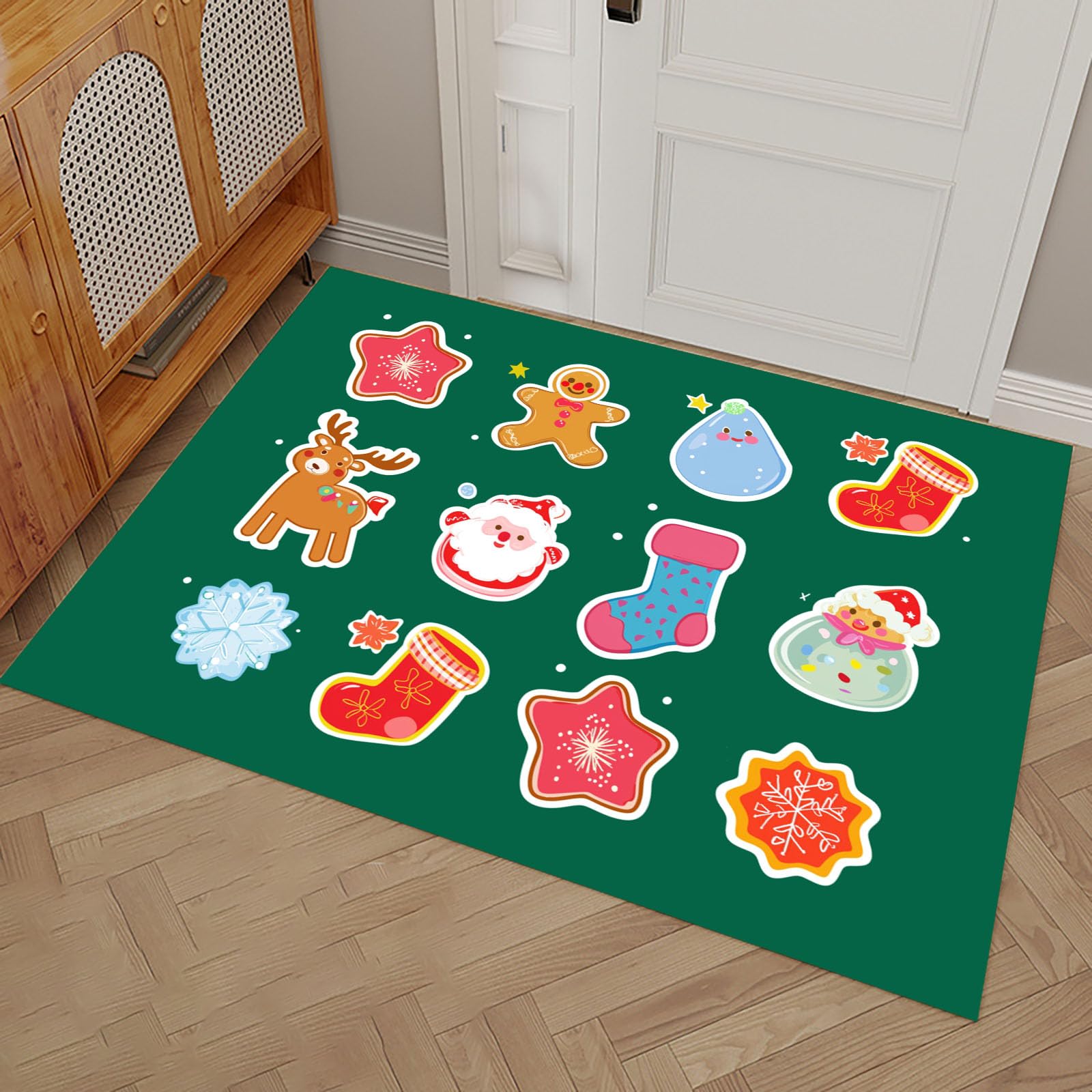 Felpudo de Entrada Casa Papá Noel Renos Hombre Jengibre 90x150cm Alfombra Exterior para Puerta, Lavabl Alfombrilla Pegatinas Navideñas Antideslizante para Recibidor, Pasillo, Cocina - Verde Oscuro