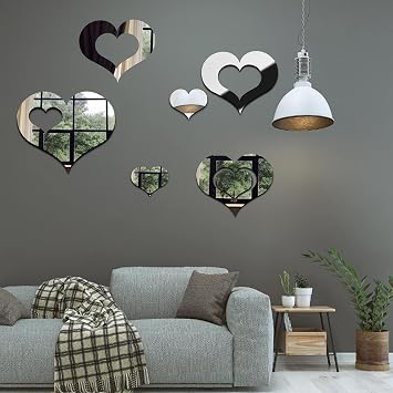 KIMOBER 13PCS Heart Shape Mirror Wall Stickers, Valentines Day Silver Acrylic Removable Self-Adhesive Mirror Decals for Home Decorations