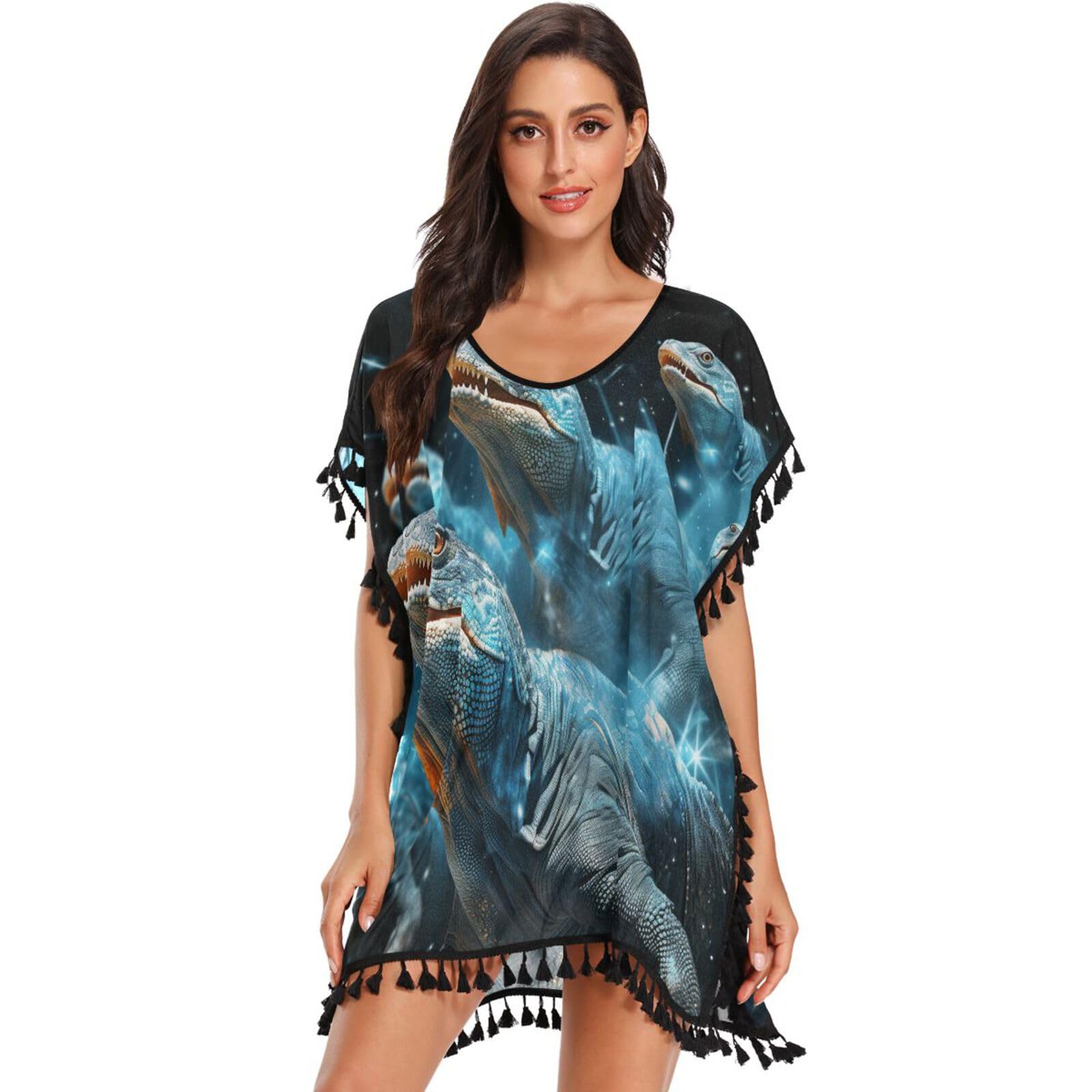 Space Flying Blue Dragons Women's Beach Cover Up Chiffon Tassel Swimwear Swimsuit Coverups for Girl