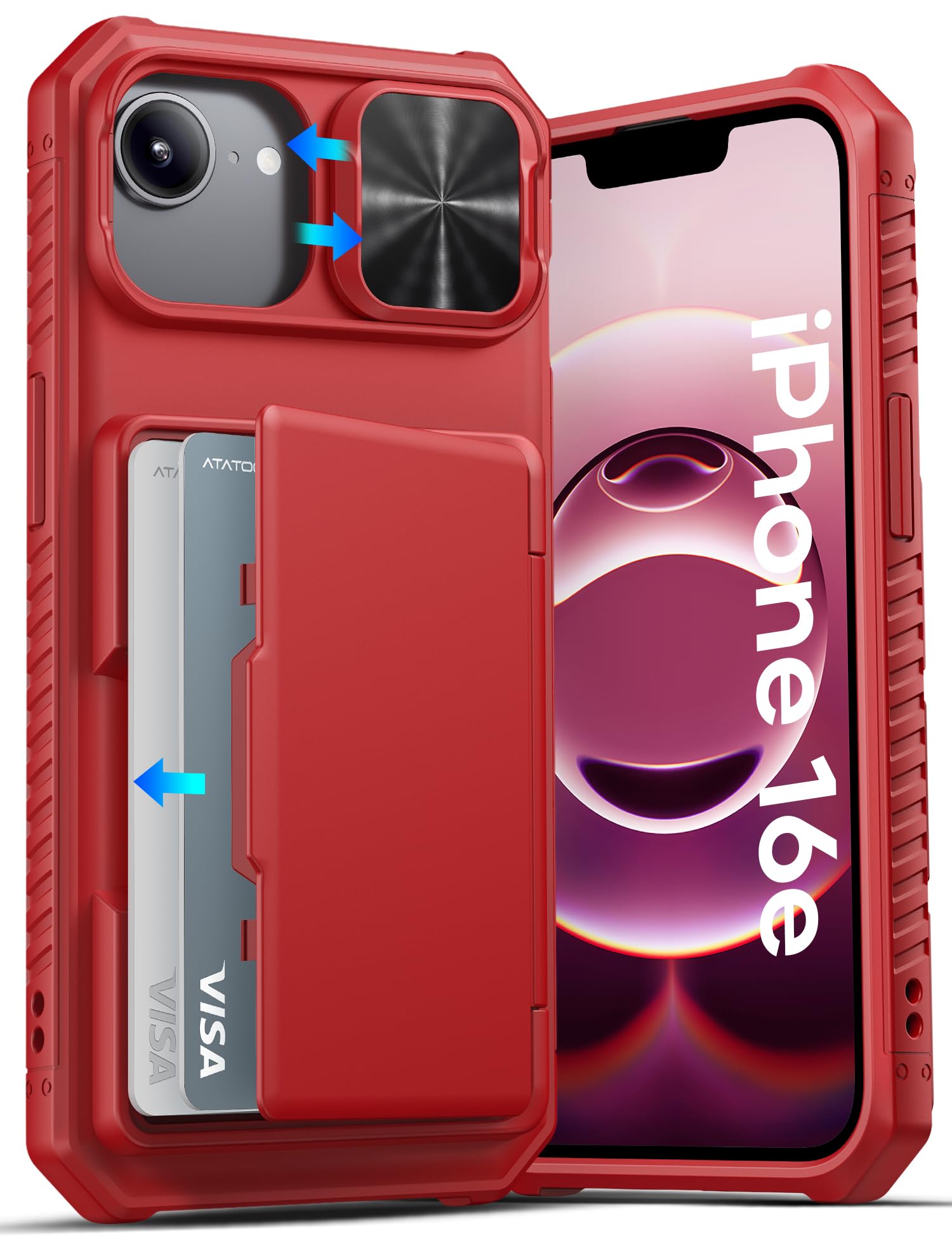 ATATOO for iPhone 17e/16e Case Wallet with Card Holder (3-5 Cards), Red