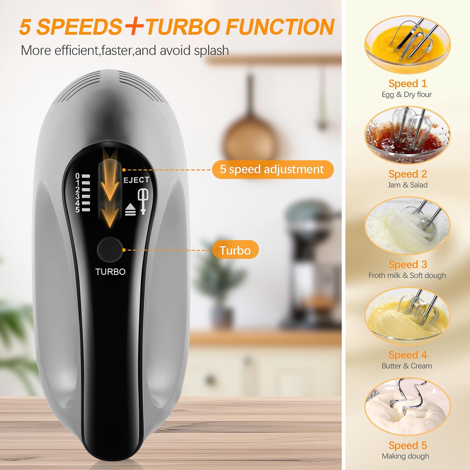 Batidora Eléctrica de Varillas 500W 5 Velocidades Ajustables con Ganchos para Masa Batidores Espátula y Base de Almacenamiento Potente Función Turbo y Versátil para Repostería y Cocina