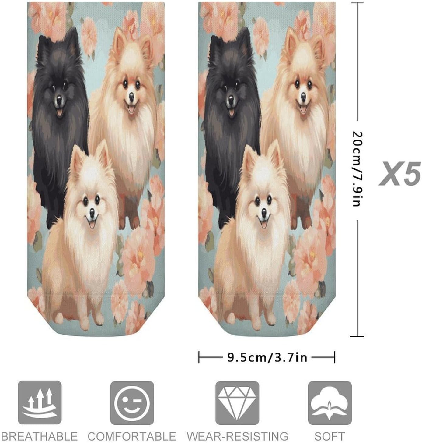 Pomeranians Pattern Ankle Socks for Men Women 5 Pairs | Comfortable Casual Low Cut Socks, Lightweight No Show Breathable Athletic Socks, Soft Mini Crew Socks for All Seasons