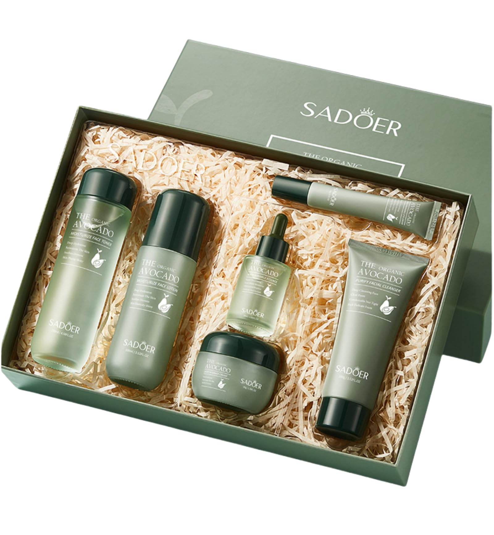 For SADOER Avocado Skincare Gift Set,6 Piece Facial Care Collection,Skin Care Kit,Cleansing Moisturizing Skin Care Collection,Contains Cleanser Toner Lotion Face Creams Eye Cream Serums