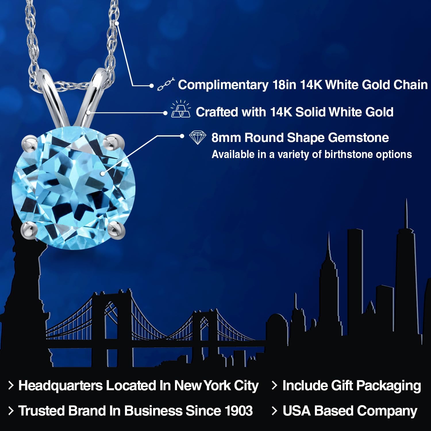Gem Stone King 14K White Gold Swiss Blue Topaz Pendant Necklace for Women | 2.25 Cttw | Gemstone November Birthstone | Round 8MM | With 18 Inch Chain - Image 2