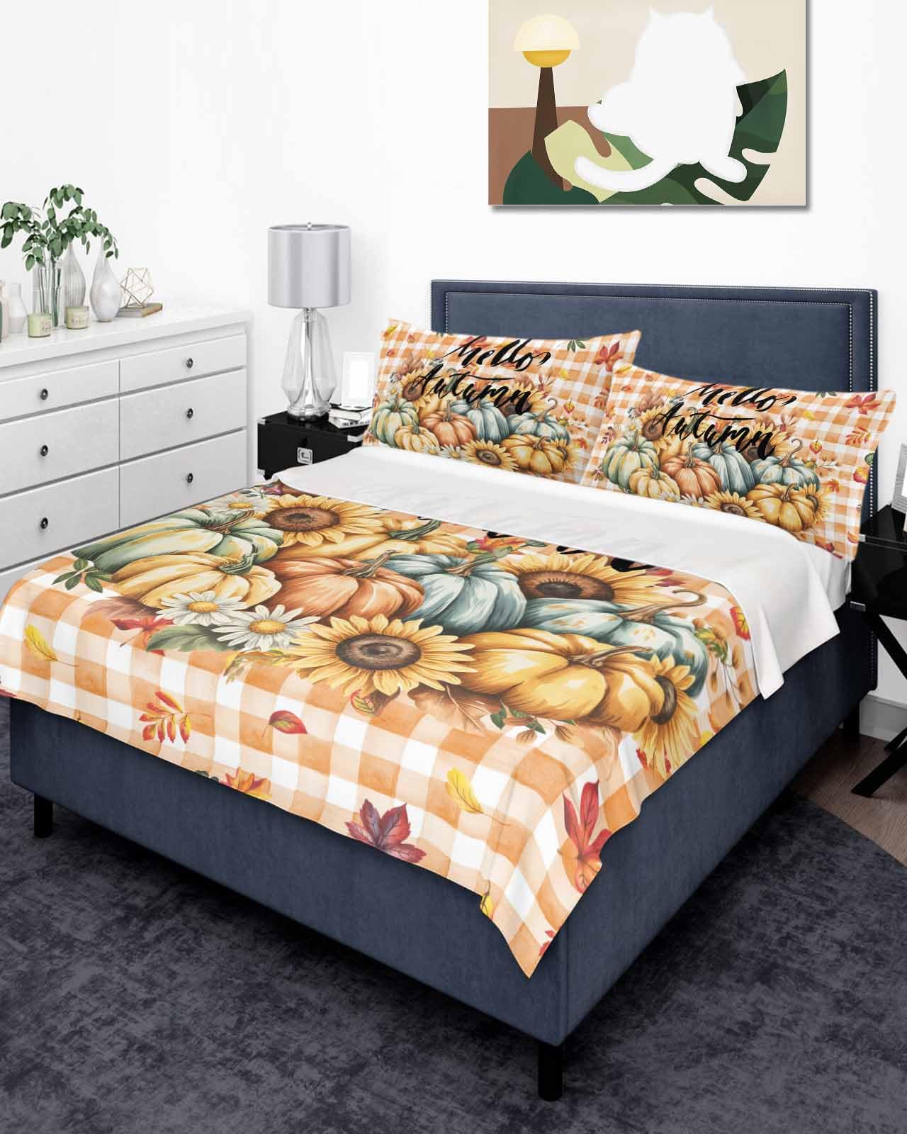 Full Size Flat Sheet Only, Thanksgiving Pumpkin Sunflower Farm Harvest Bed Top Sheet Soft Microfiber Breathable Bedding Flat Sheets, Orange Plaid Top Sheets Hotel Luxury