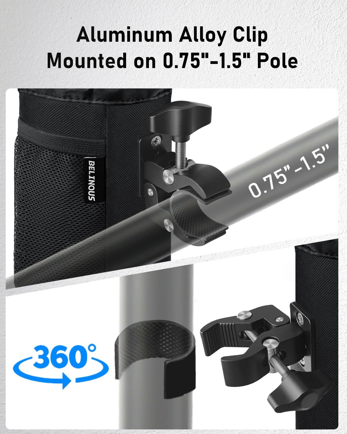 Belinous Motorcycle Cup Holder with 0.75"-1.5" Alligator Clamp, Drink Holder up to 32oz with Mesh Pockets, Universal Water Bottle Holder for Motorcycle, Bicycle, ATV, Wheelchair, e-Bike, Boat (Black)
