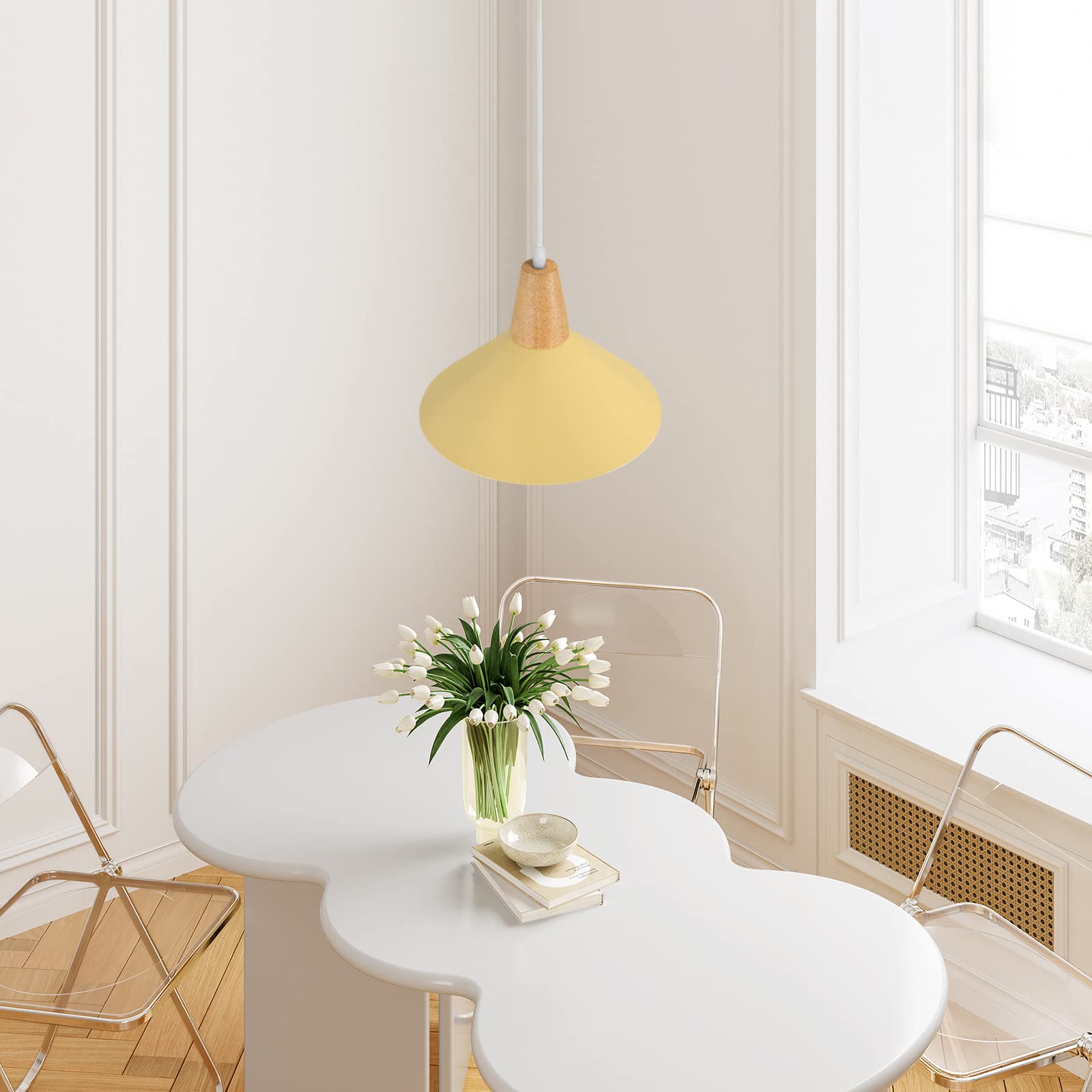 Lampadario Sospensione Moderno Con Paralume Bianco E Dettaglio Legno - 2 Pezzi - Foto 5