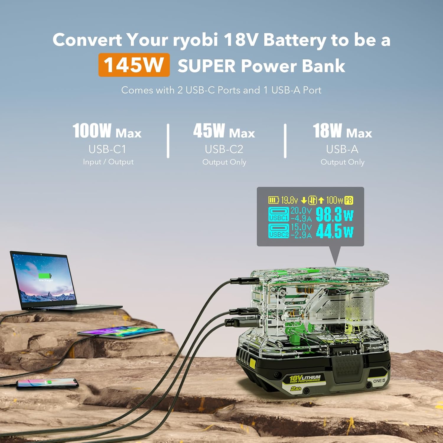 SYMIK PSC Pro charging a Ryobi 18V Lithium-Ion battery via USB-C, with OLED screen displaying charging status.