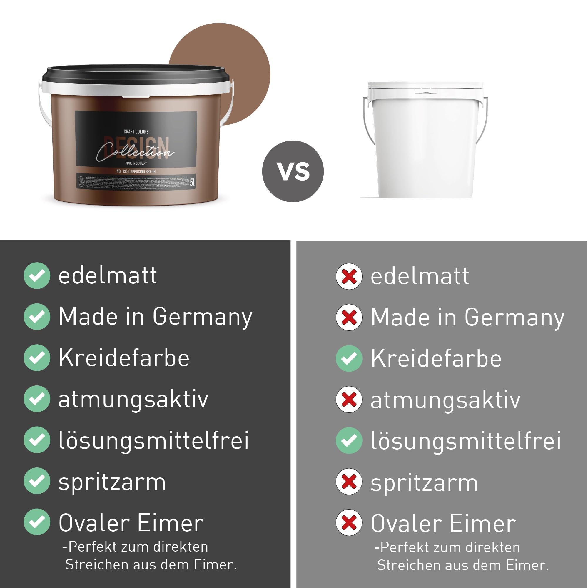 Craft Colors® 5L hochwertige Wandfarbe edelmatt, Kreidefarbe made in Germany, DESIGN Collection No. 835 Cappucino Braun