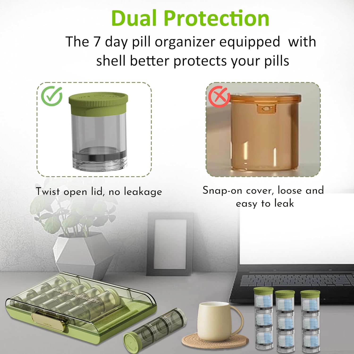 3 Times a Day Pill Organizer 7 Day, Large Weekly Pill Organizer, Weekly Pill Box with 7 Separate Containers, Portable Daily Medicine Planner Case for Medicine Vitamin Fish Oil Supplement(Green)