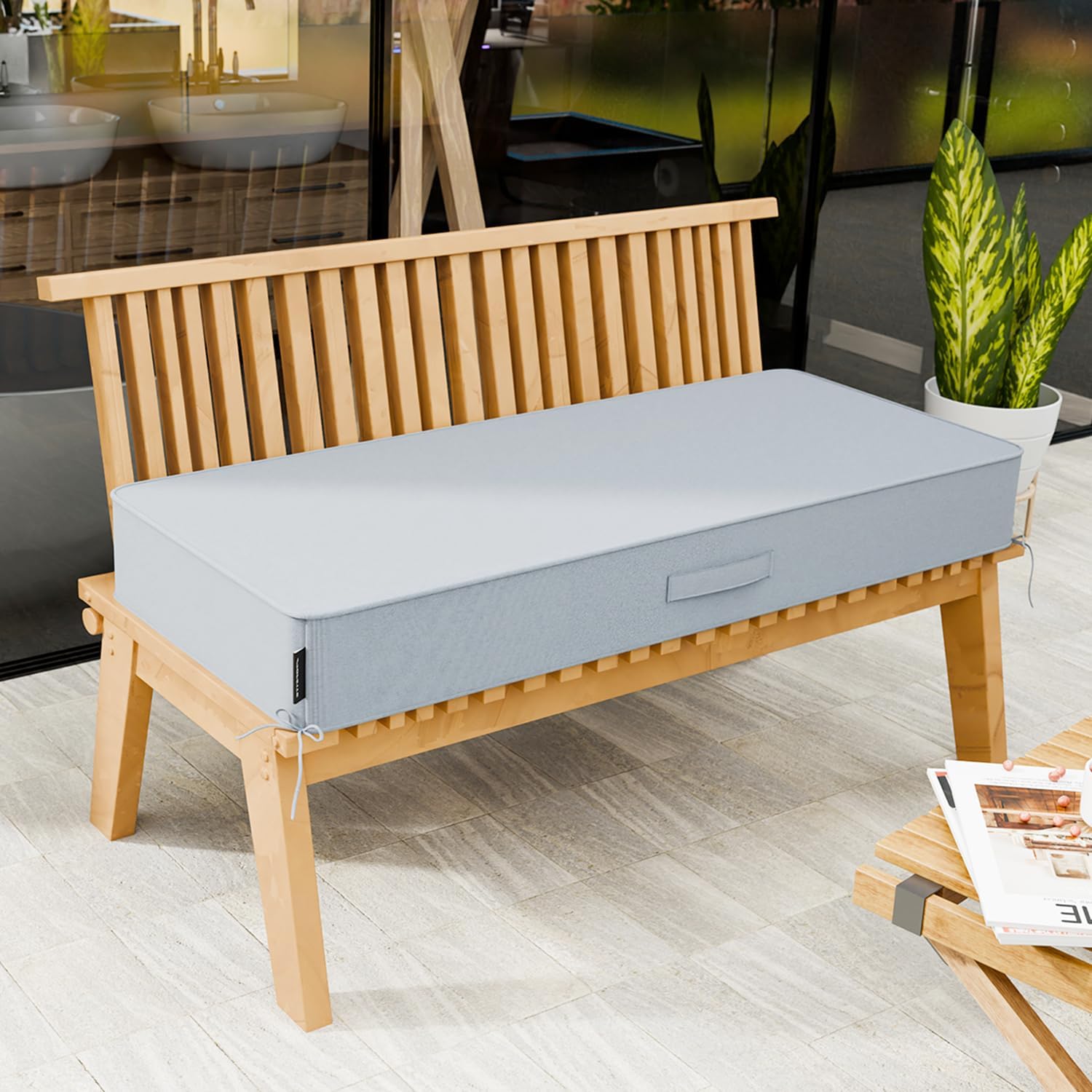 Outdoor 36" x 18" x 5" Water-Resistant Bench Cushion with Removable Cover, Olefin Weather and Fade Resistant Patio Furniture Thickened Seat Pad with Handle & Adjustable Straps, Light Gray