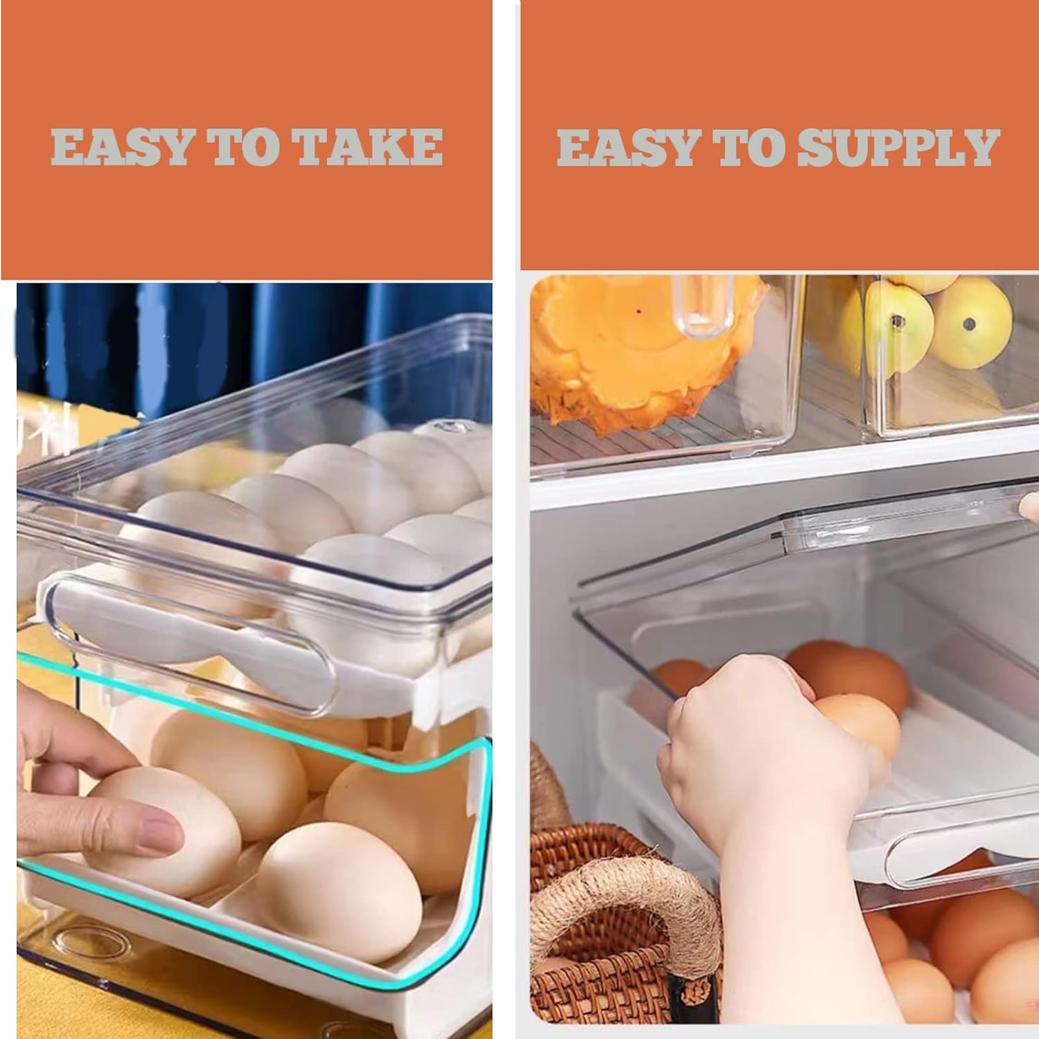 Rolling Egg Holder for Refrigerator,Eggs 24 Count Organizer for Refrigerator,Egg Storage Container Dispenser for Refrigerator,Deviled Egg Containers with Lid,Clear Plastic Egg Tray