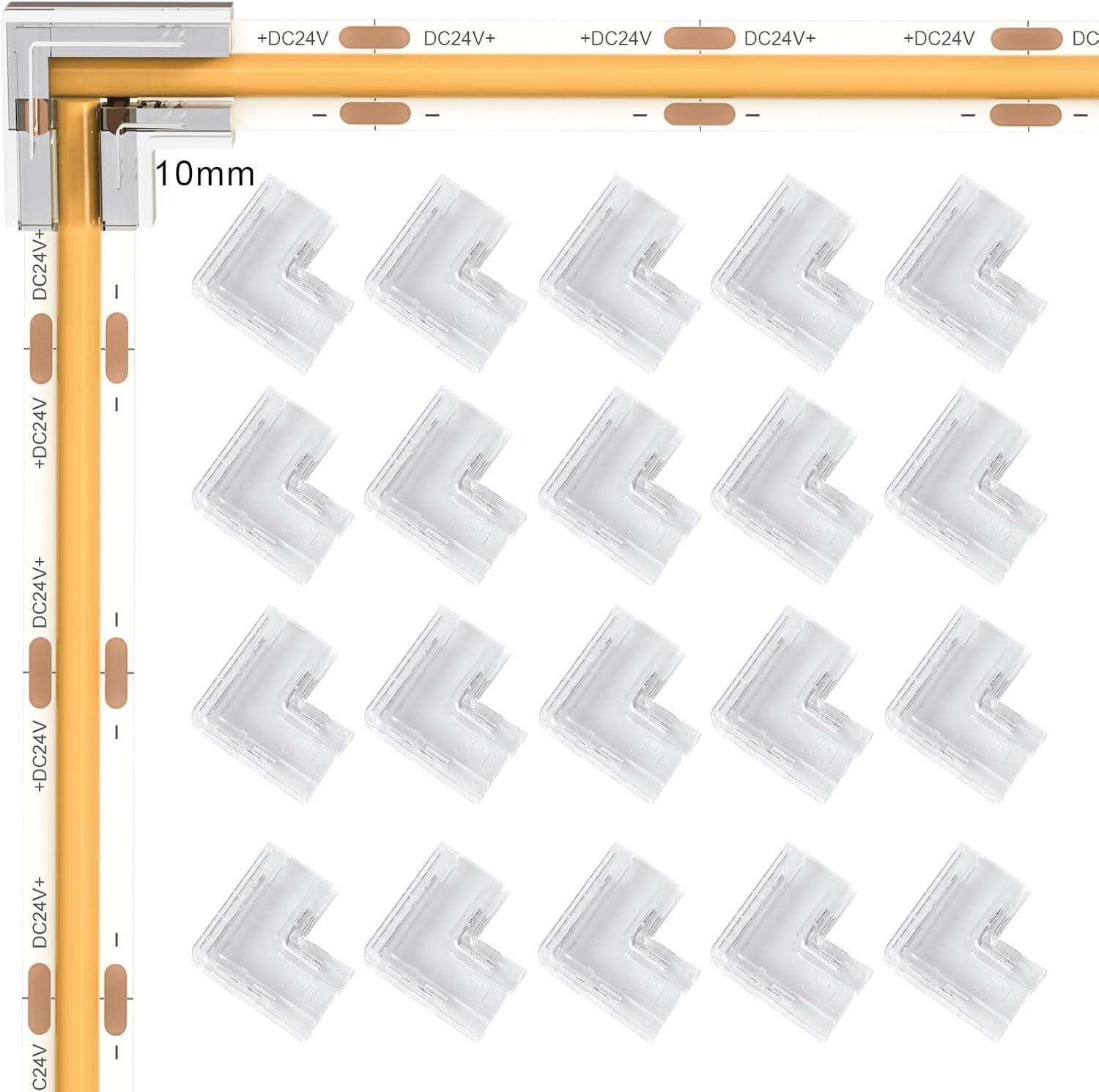 10mm 2Pin COB LED Light Strip Connectors 20pcs L-Shaped/Corner Connector Transparent Gapless LED Tape Light Connectors, No Dark Area for DIY COB/SMD Strip Lights