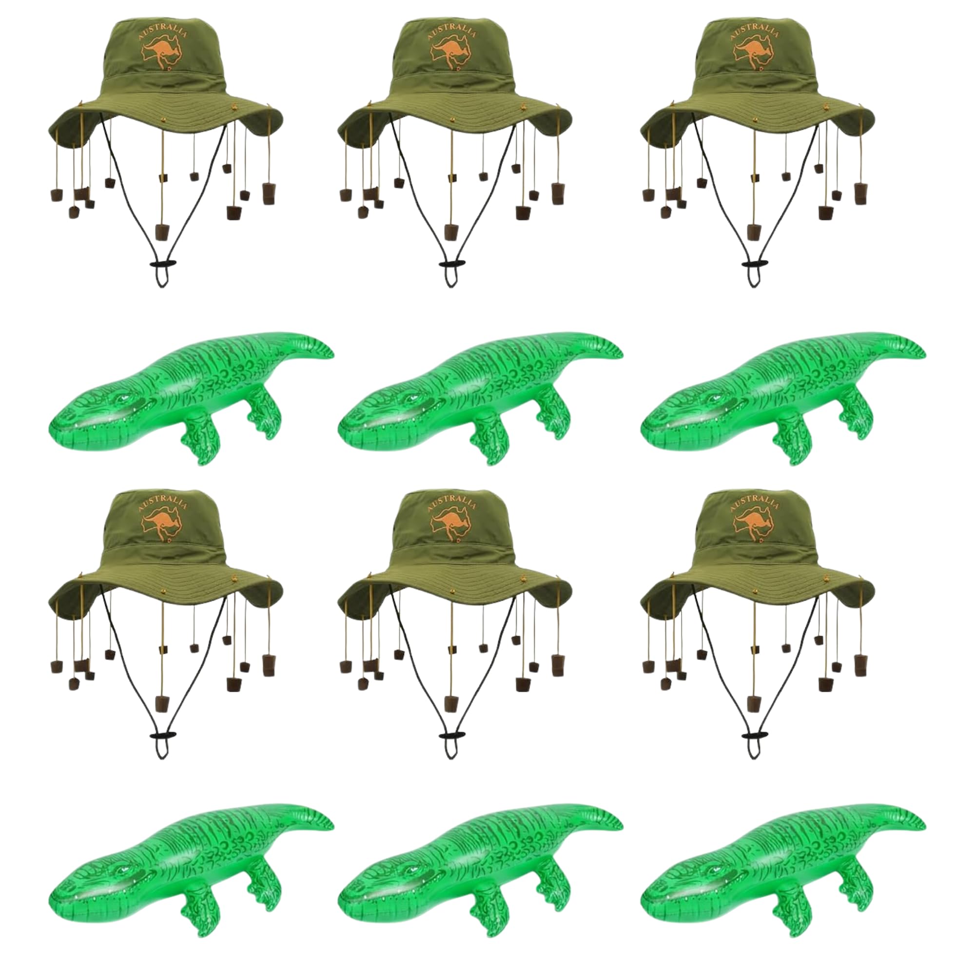 FNA FASHIONS® Adult Australian Cork Hat with 10 Corks & 90 cm Inflatable Crocodile Set | Aussie Fancy Dress Accessory Set for Australia Day, Stag Parties, BBQs, Festivals & Pool Fun (6)