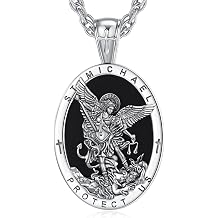 EUDORA St Saint Michael Necklace Medal for Women Men Silver-Plated Copper with Obsidian, Archangel St Michael Pendant for Protection Medalla de San Miguel Arcangel Jewelry Gifts for Mens Women, 22"