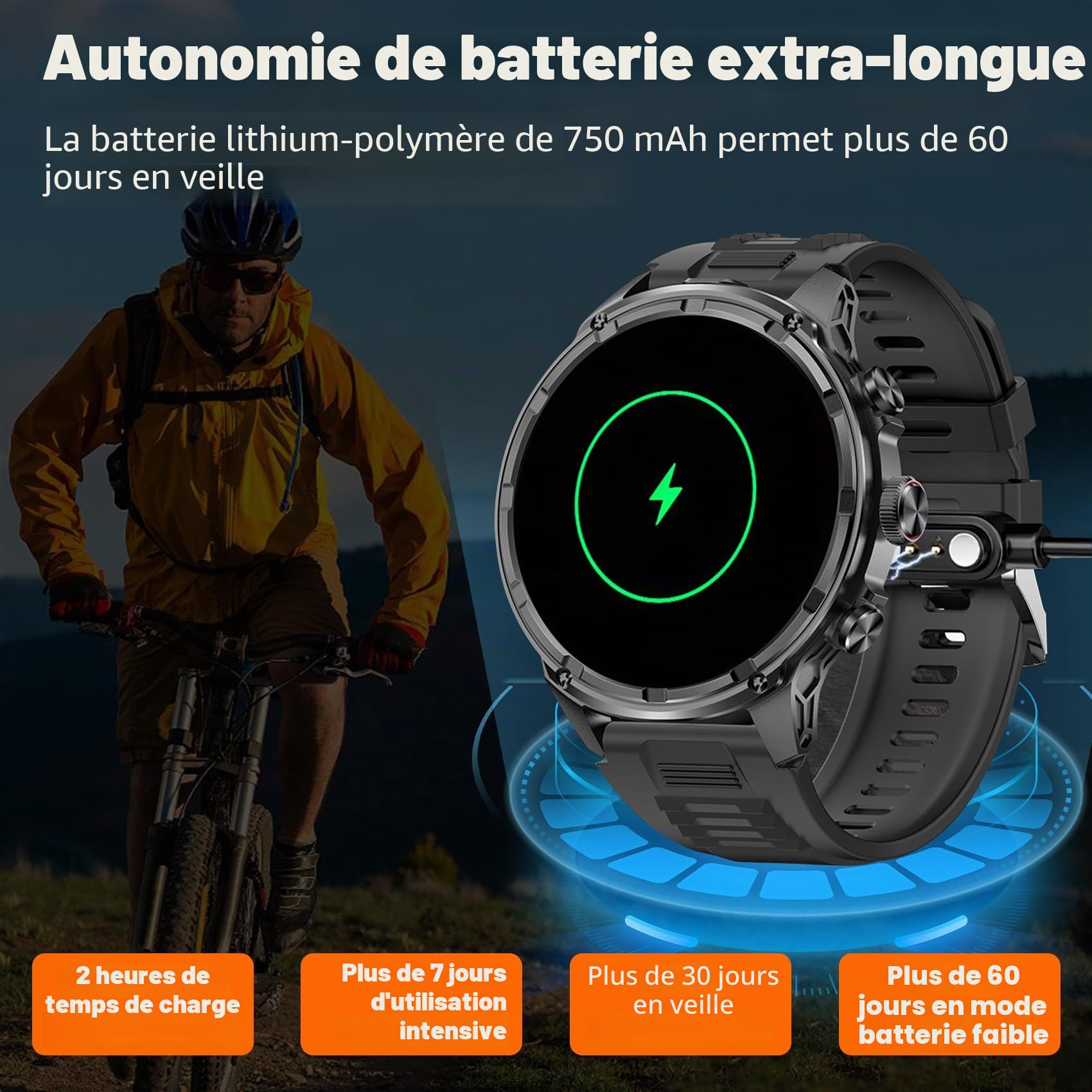 Montre Connectée Hommes,Téléphone LED Poche Batterie 750 mAh, 120 Modes Sportifs Montre de Fitness avec Fréquence Cardiaque, SpO2, Moniteur de Sommeil, 1.85 Pouce Noir Smartwatch pour Android iOS