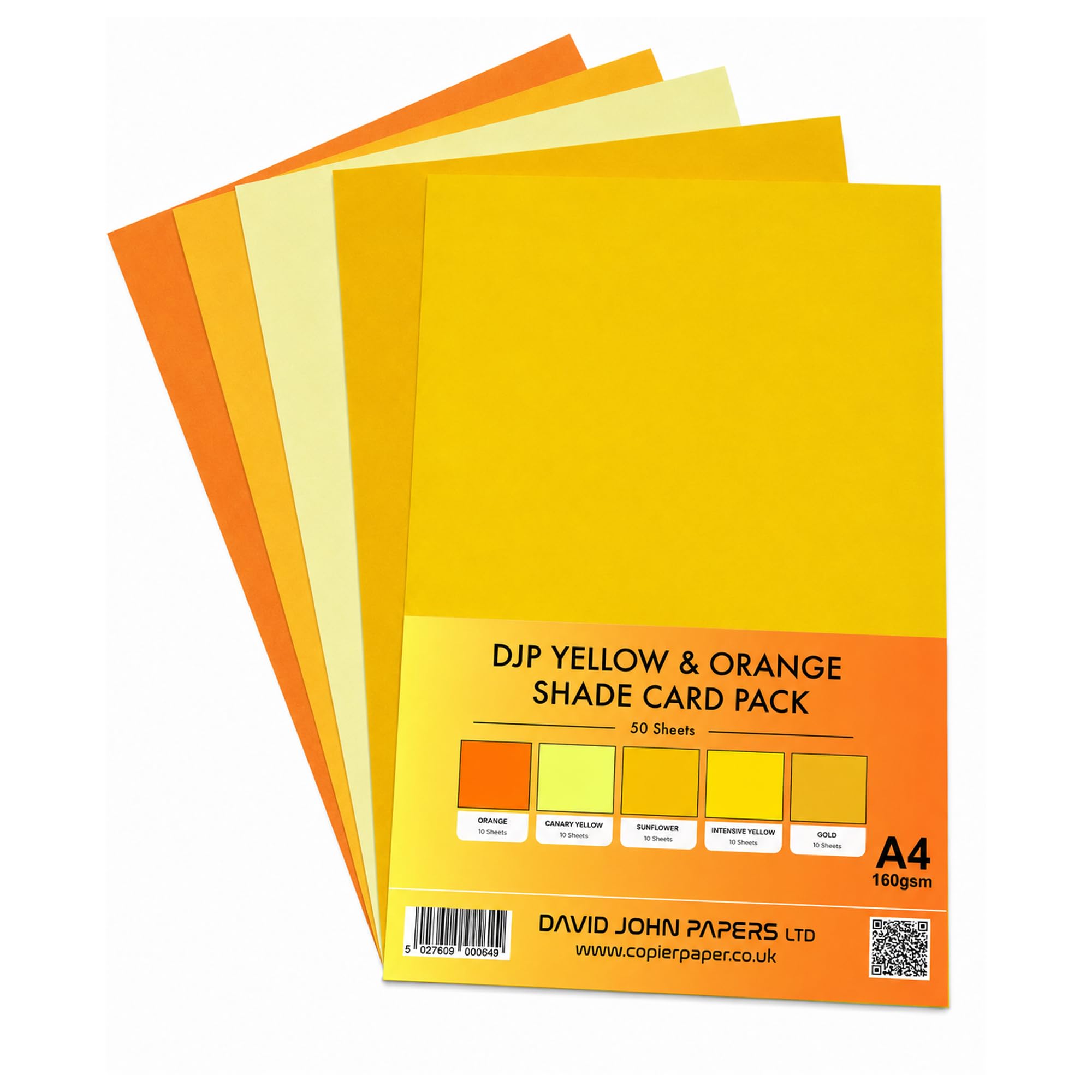 DJP 160gsm Yellow & Orange Shade Tint Card Pack - 5 Colours, 50 Sheets - 10 Each Colour